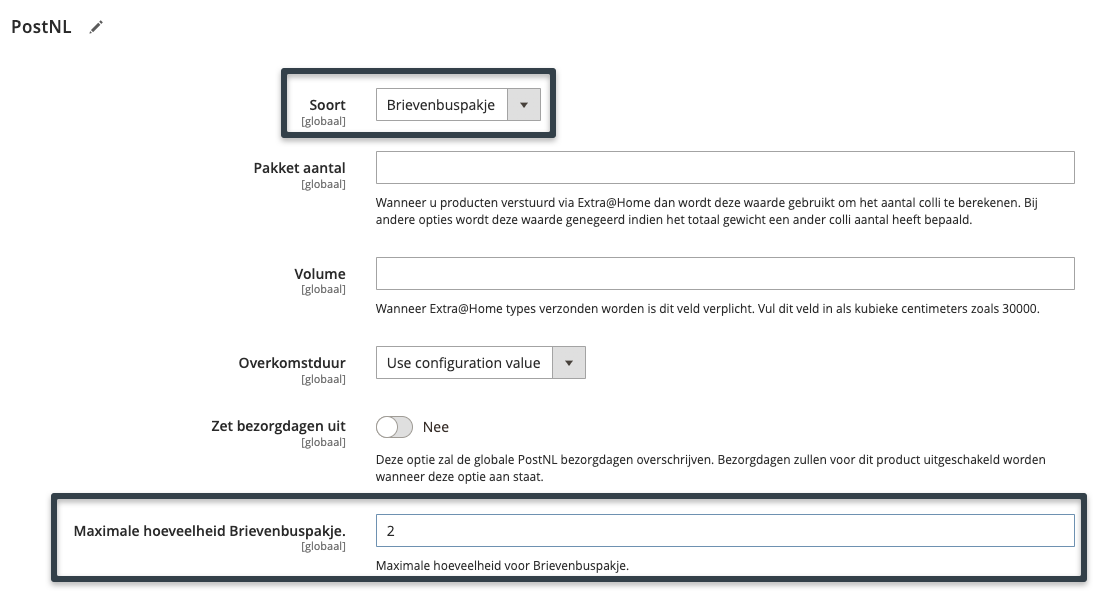 PostNL Brievenbuspakje productinstellingen