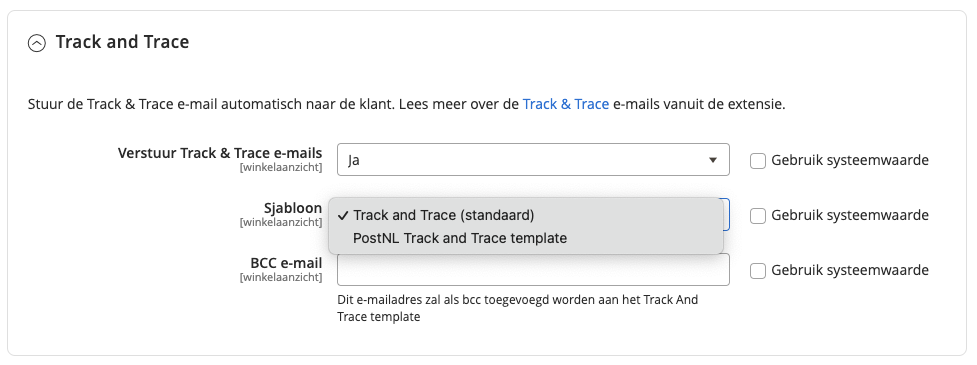 PostNL Track and Trace template selectie