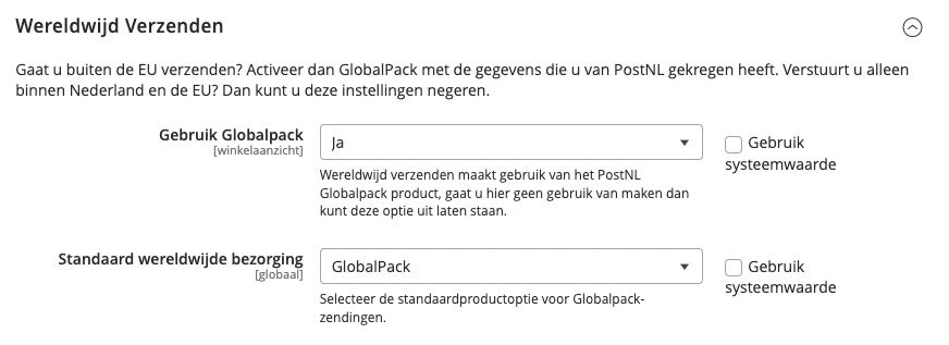 Wereldwijde verzending instellingen