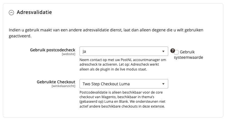 Instellingen Nederlandse adresvalidatie