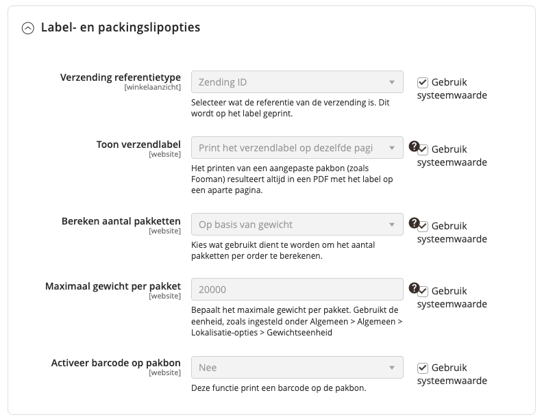 Label en pakbon instellingen