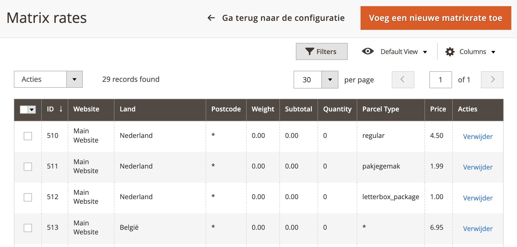 PostNL Matrix Rates Grid